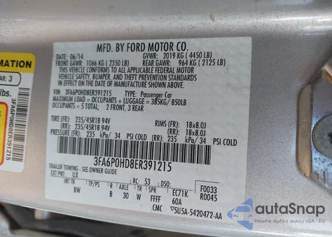 2014 Ford Fusion Se из США, поврежденный, VIN 3FA6P0HD8ER391215